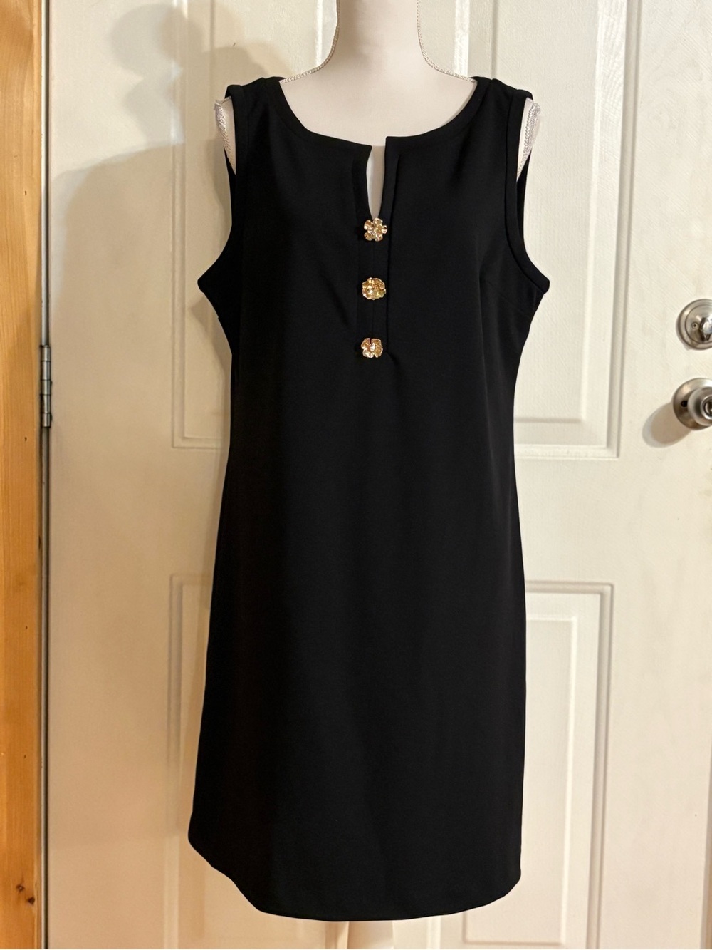 Karl Lagerfeld Black Sleeveless Shift Dress with Gold Floral Buttons